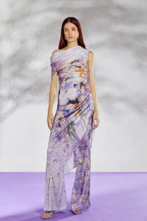 Draped One-Shoulder Top with Flowing Patterned Trousers