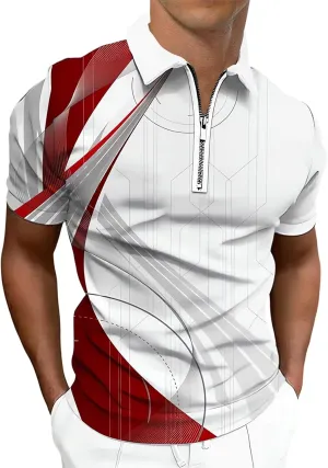Ecosunny Men's Short Sleeve Polo Shirt 3D Printed Zipper Casual Slim Fit Golf Shirts