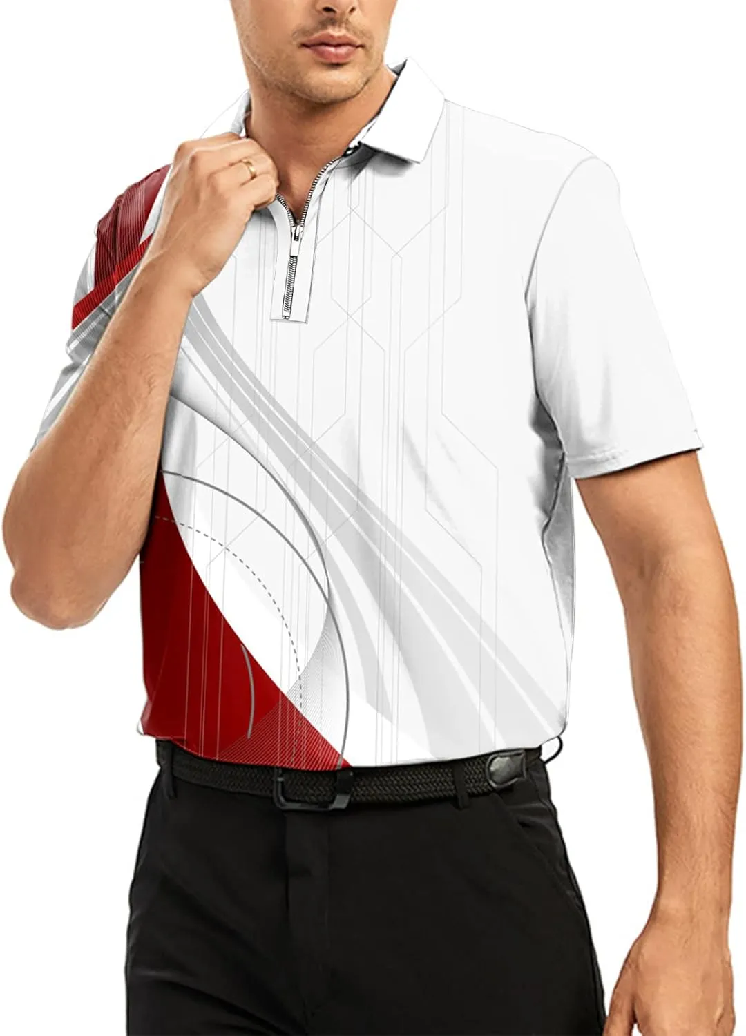Ecosunny Men's Short Sleeve Polo Shirt 3D Printed Zipper Casual Slim Fit Golf Shirts