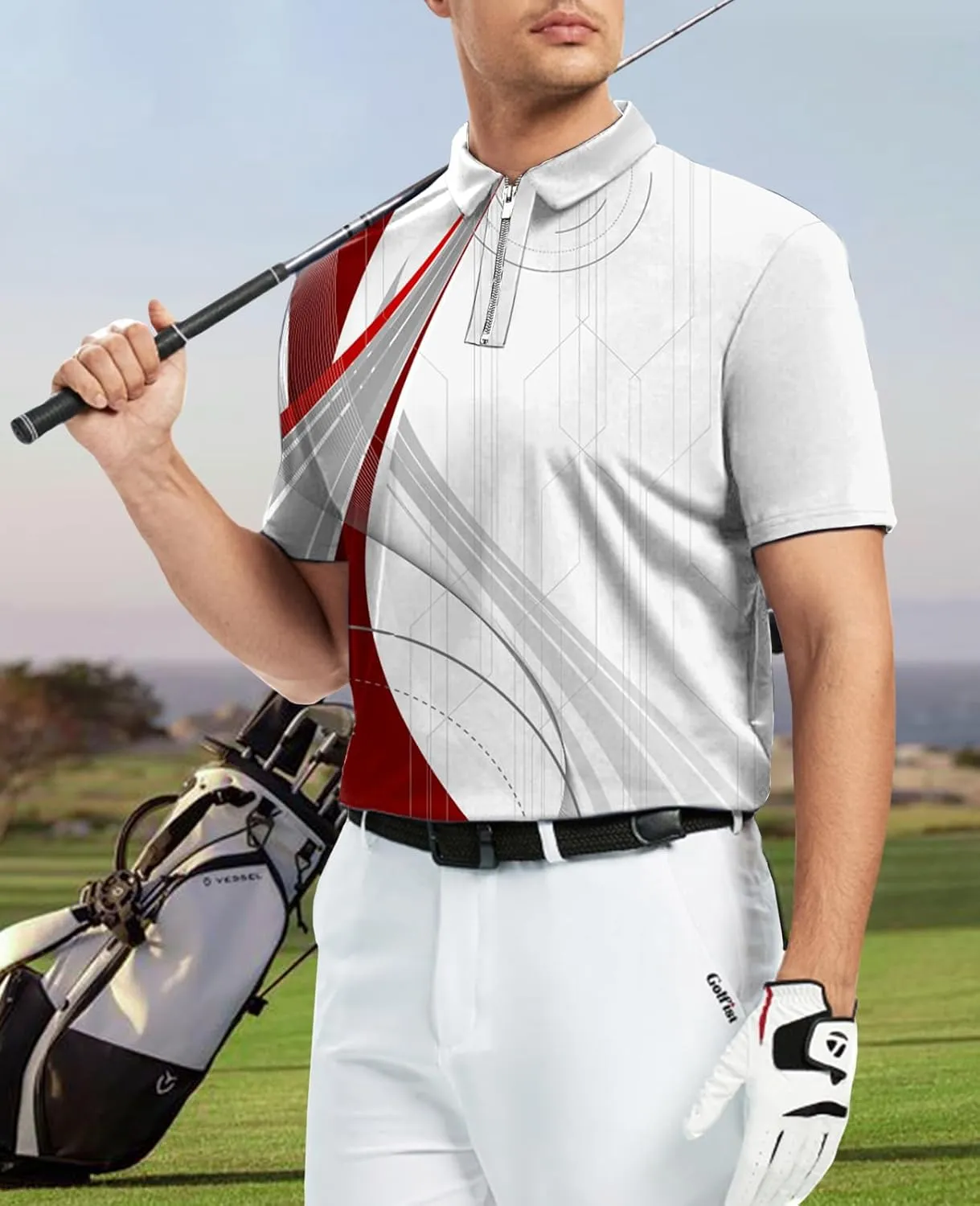 Ecosunny Men's Short Sleeve Polo Shirt 3D Printed Zipper Casual Slim Fit Golf Shirts