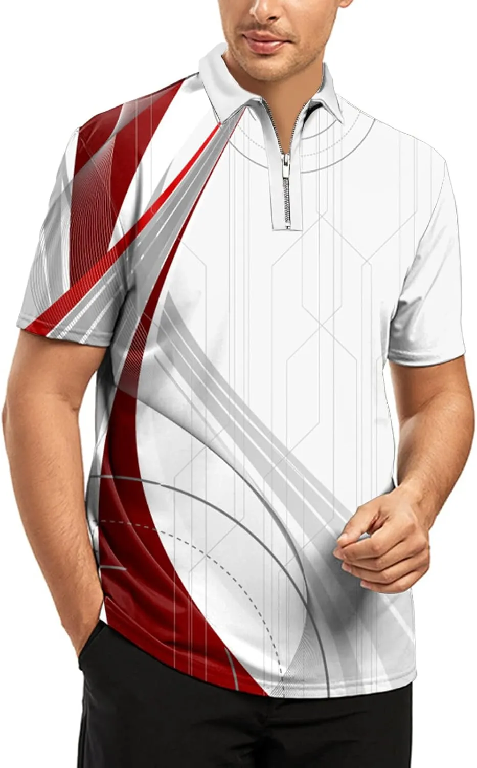 Ecosunny Men's Short Sleeve Polo Shirt 3D Printed Zipper Casual Slim Fit Golf Shirts