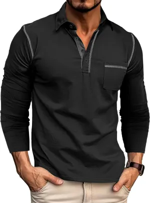 EDITCOZY Long Sleeve Polo Shirts for Men with Pocket Casual Cotton Button Down Collared Golf Shirts