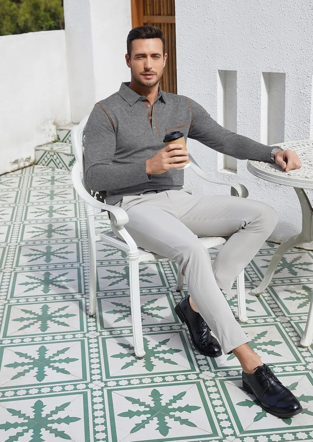 EDITCOZY Long Sleeve Polo Shirts for Men with Pocket Casual Cotton Button Down Collared Golf Shirts
