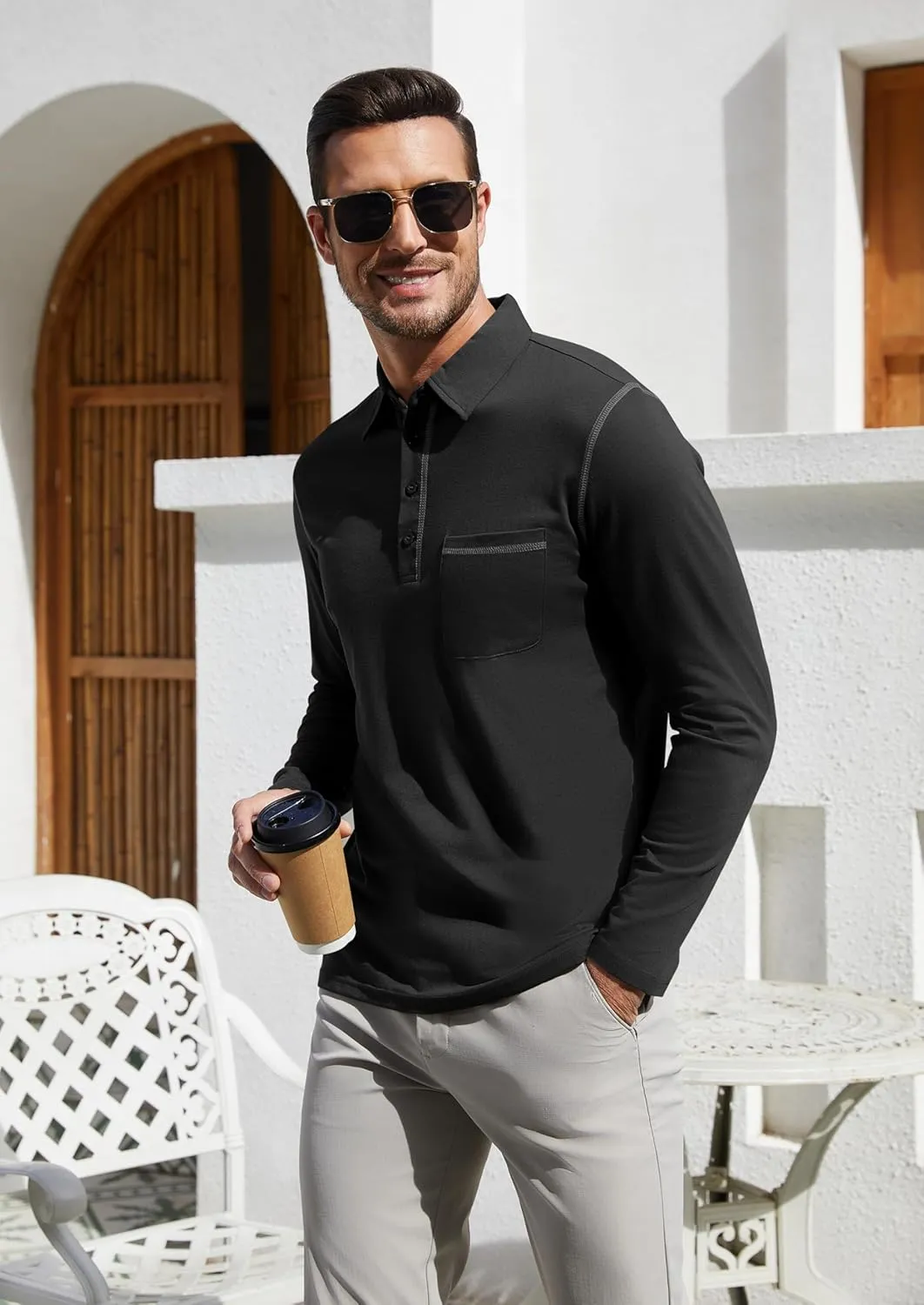 EDITCOZY Long Sleeve Polo Shirts for Men with Pocket Casual Cotton Button Down Collared Golf Shirts