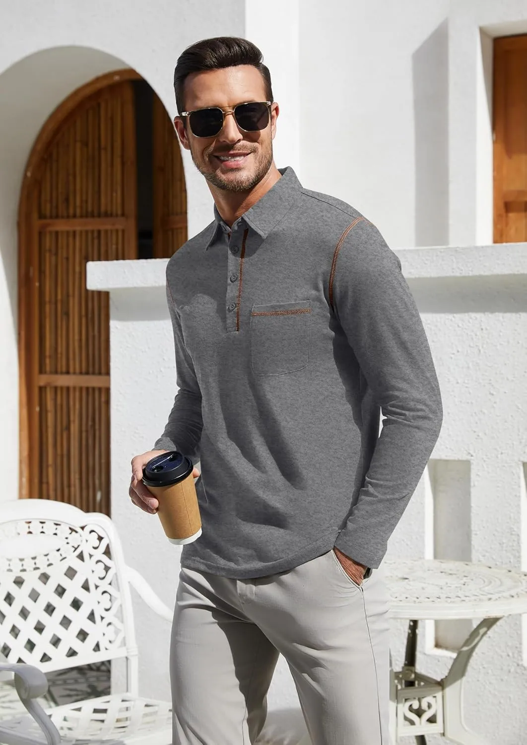 EDITCOZY Long Sleeve Polo Shirts for Men with Pocket Casual Cotton Button Down Collared Golf Shirts