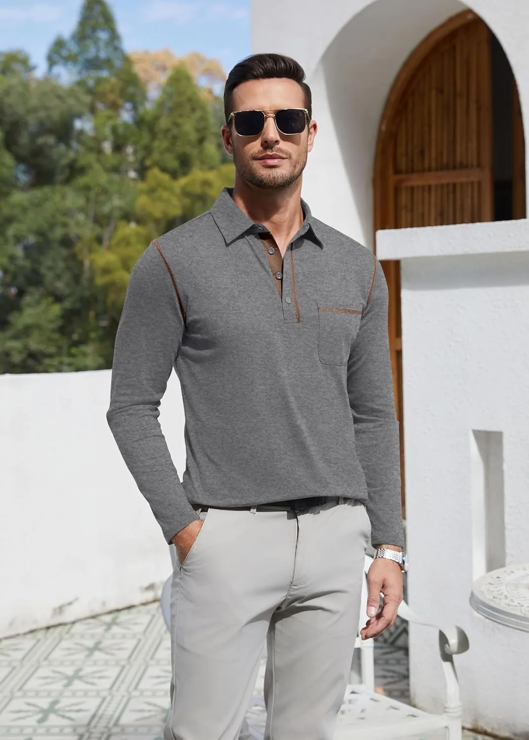 EDITCOZY Long Sleeve Polo Shirts for Men with Pocket Casual Cotton Button Down Collared Golf Shirts