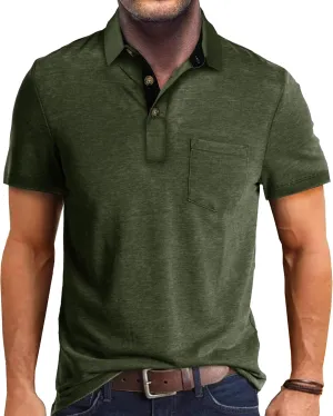 EDITCOZY Mens Polo Shirts with Pocket Casual Classic Short Sleeve Button Golf T-Shirt Top