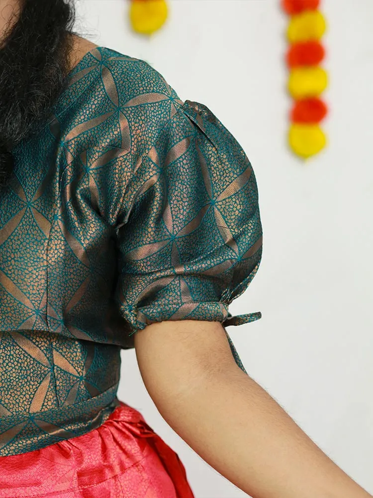 Elegant Brocade Pattupavadai: Puff Sleeve and Round Neckline