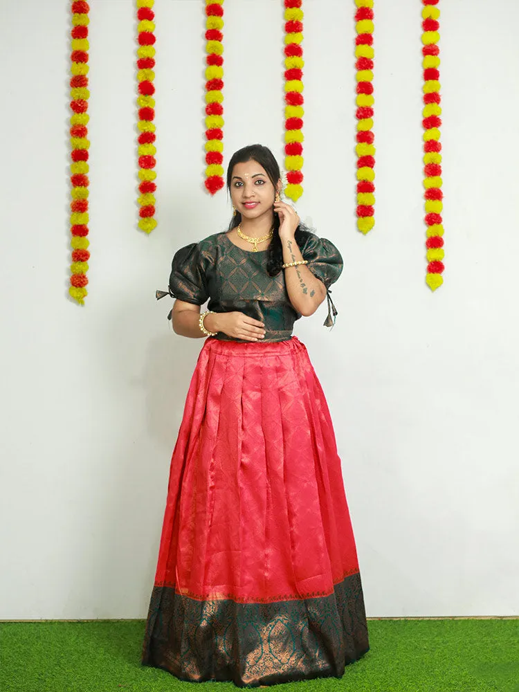 Elegant Brocade Pattupavadai: Puff Sleeve and Round Neckline