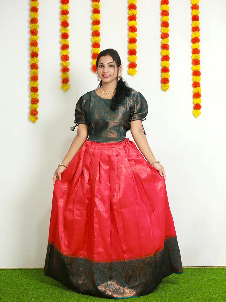 Elegant Brocade Pattupavadai: Puff Sleeve and Round Neckline