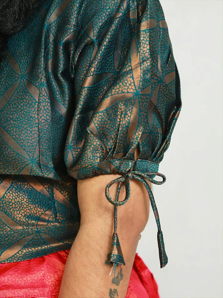 Elegant Brocade Pattupavadai: Puff Sleeve and Round Neckline