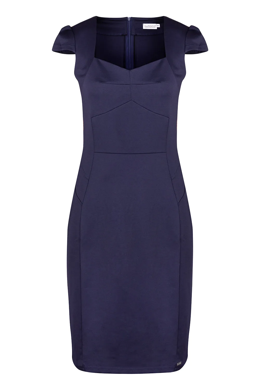 Elegant midi dress with a nice neckline - navy blue