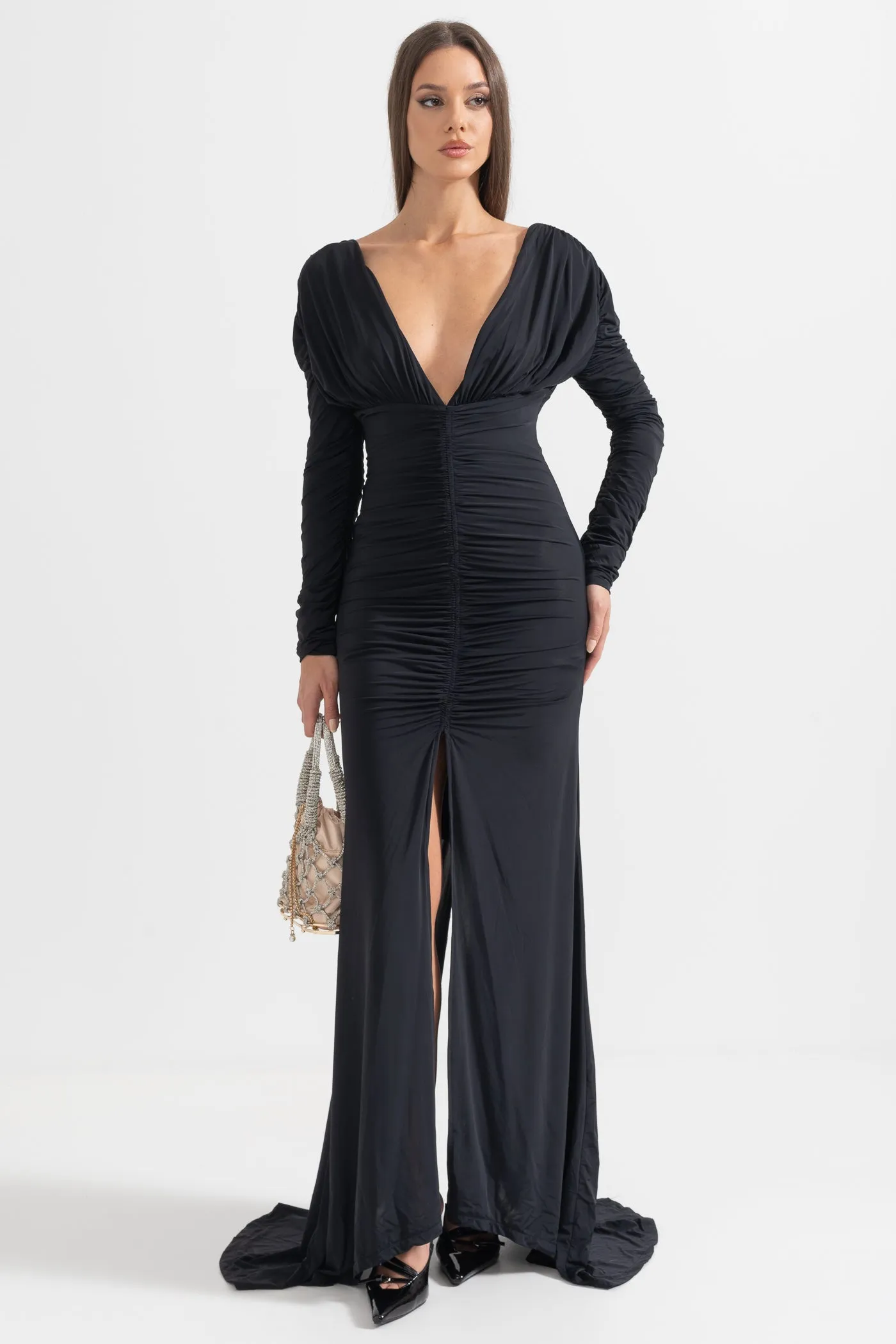 Elegant Ruched Dress With Deep Neckline - Black