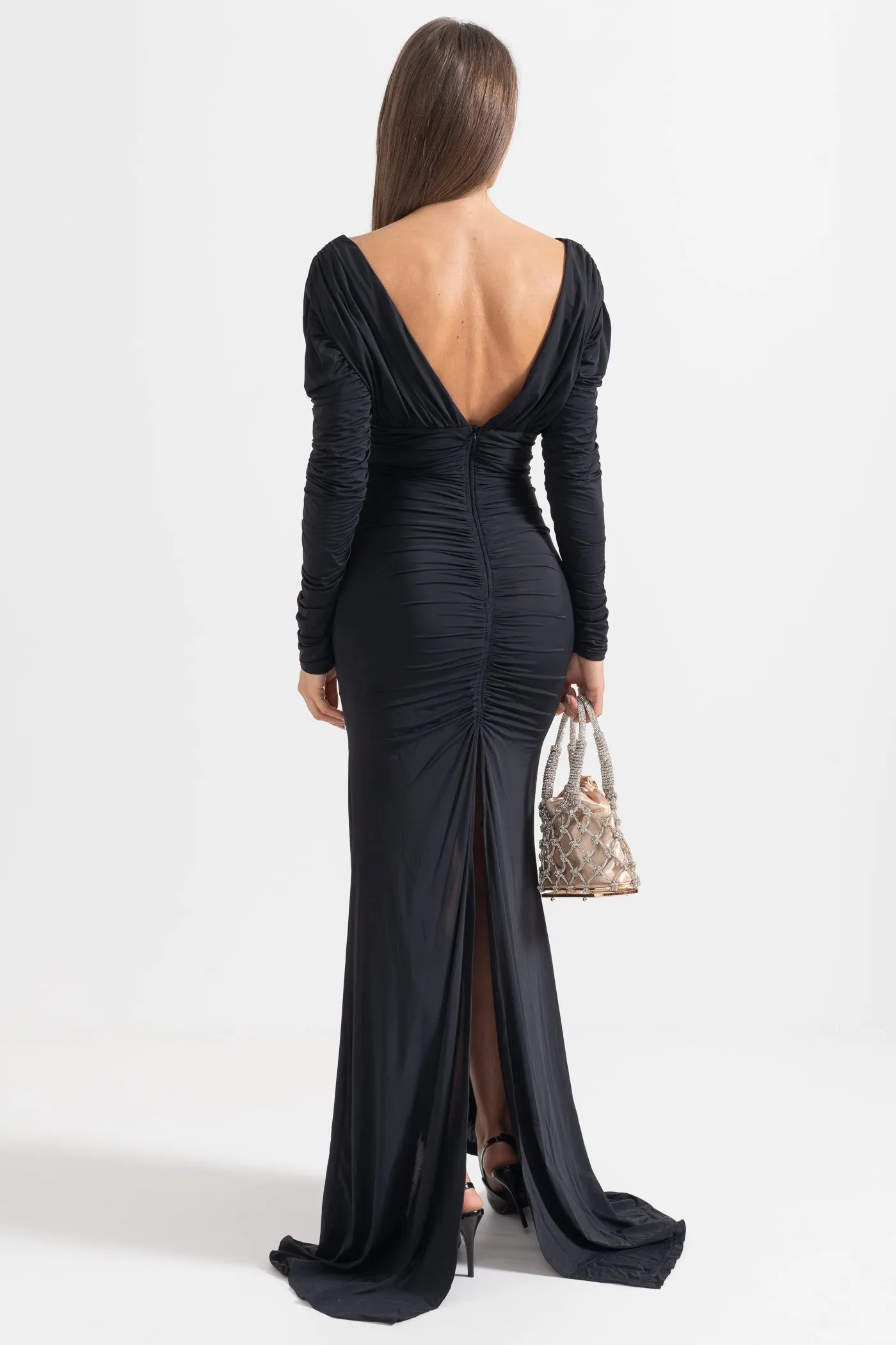 Elegant Ruched Dress With Deep Neckline - Black