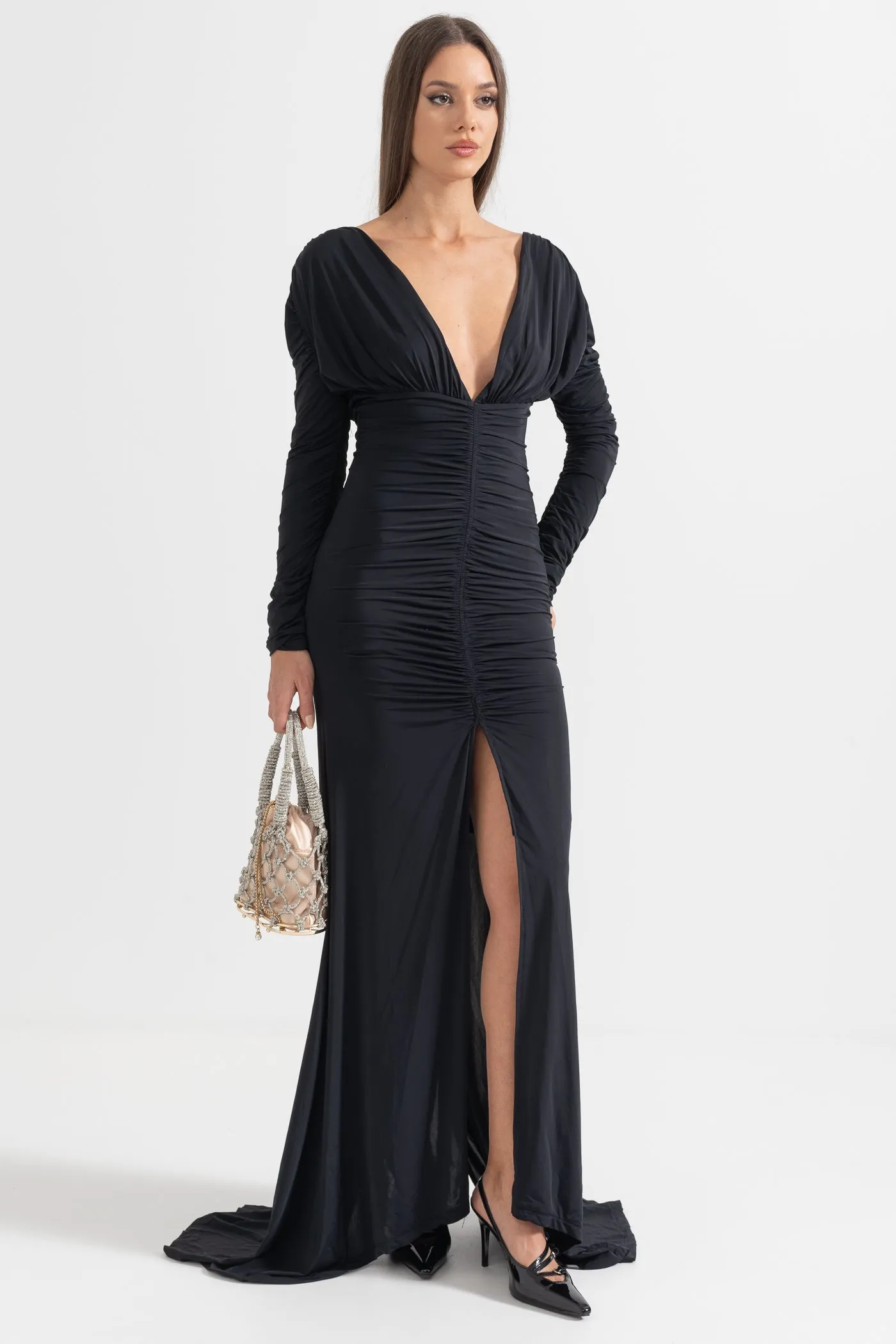 Elegant Ruched Dress With Deep Neckline - Black