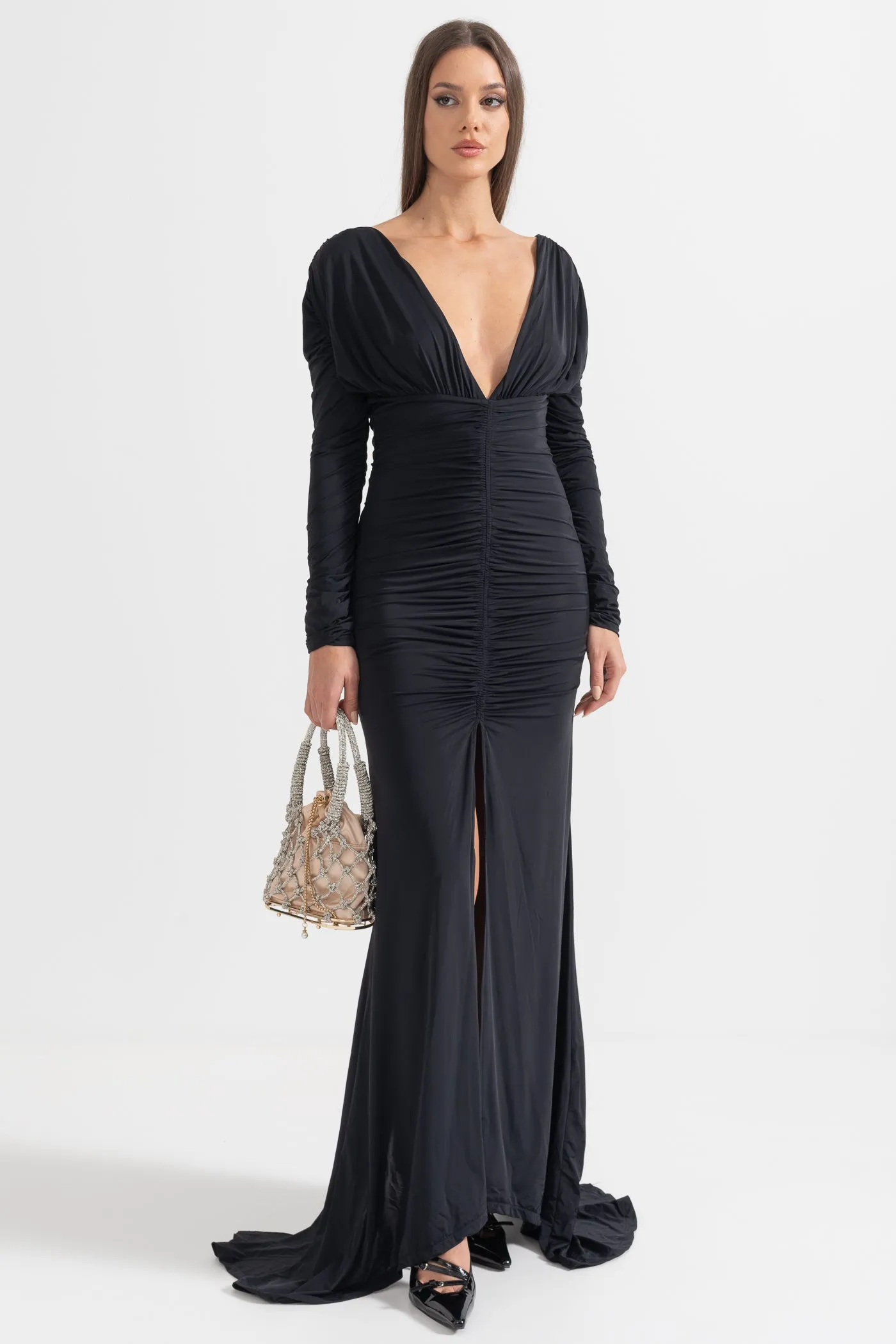 Elegant Ruched Dress With Deep Neckline - Black