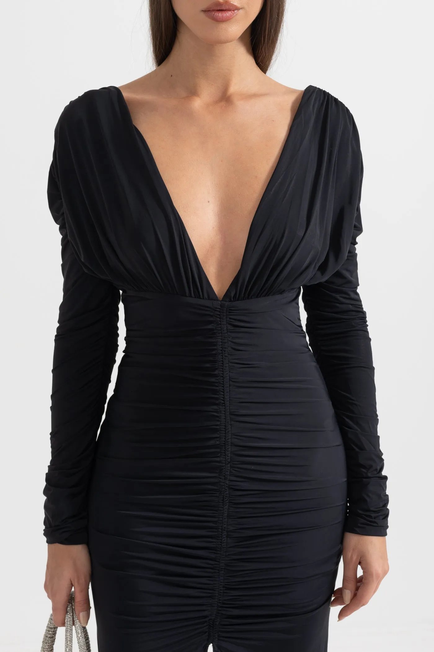 Elegant Ruched Dress With Deep Neckline - Black