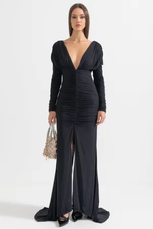 Elegant Ruched Dress With Deep Neckline - Black