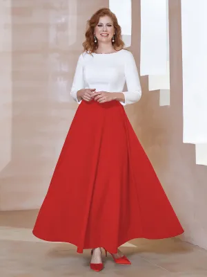 Elegant Scoop Neckline Tea-Length Dress Red