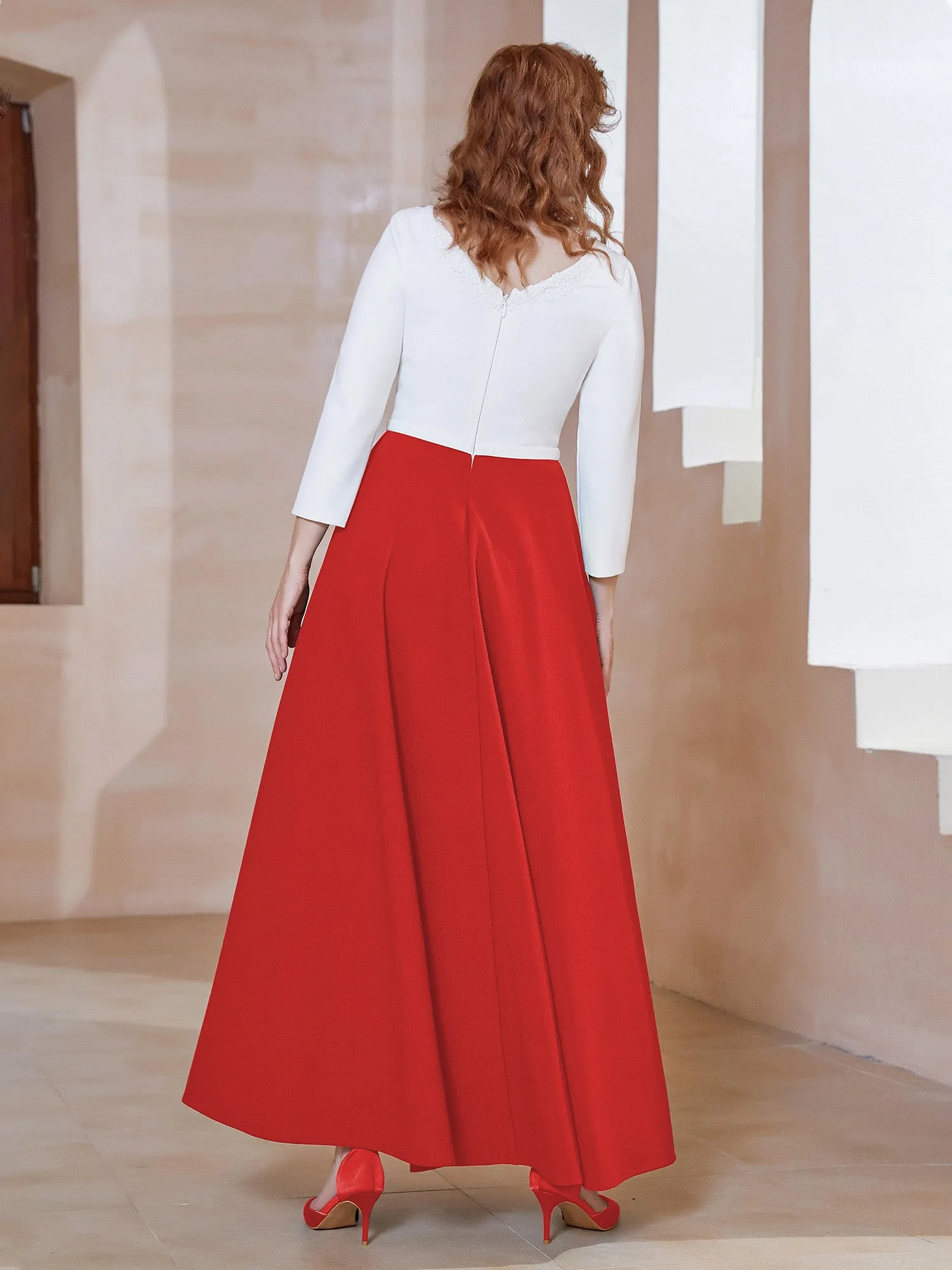 Elegant Scoop Neckline Tea-Length Dress Red
