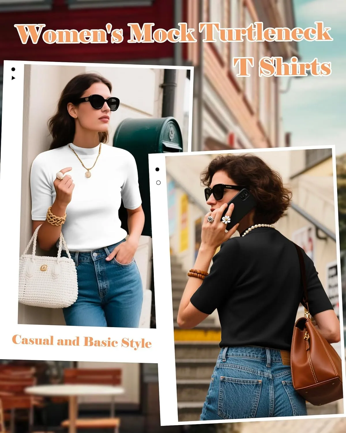 Ficerd 2 Pack Women's Mock Turtleneck T Shirts, Half Sleeve Business Casual Tunic Tops Slim Fit Summer Basic Dressy Tee Shirt