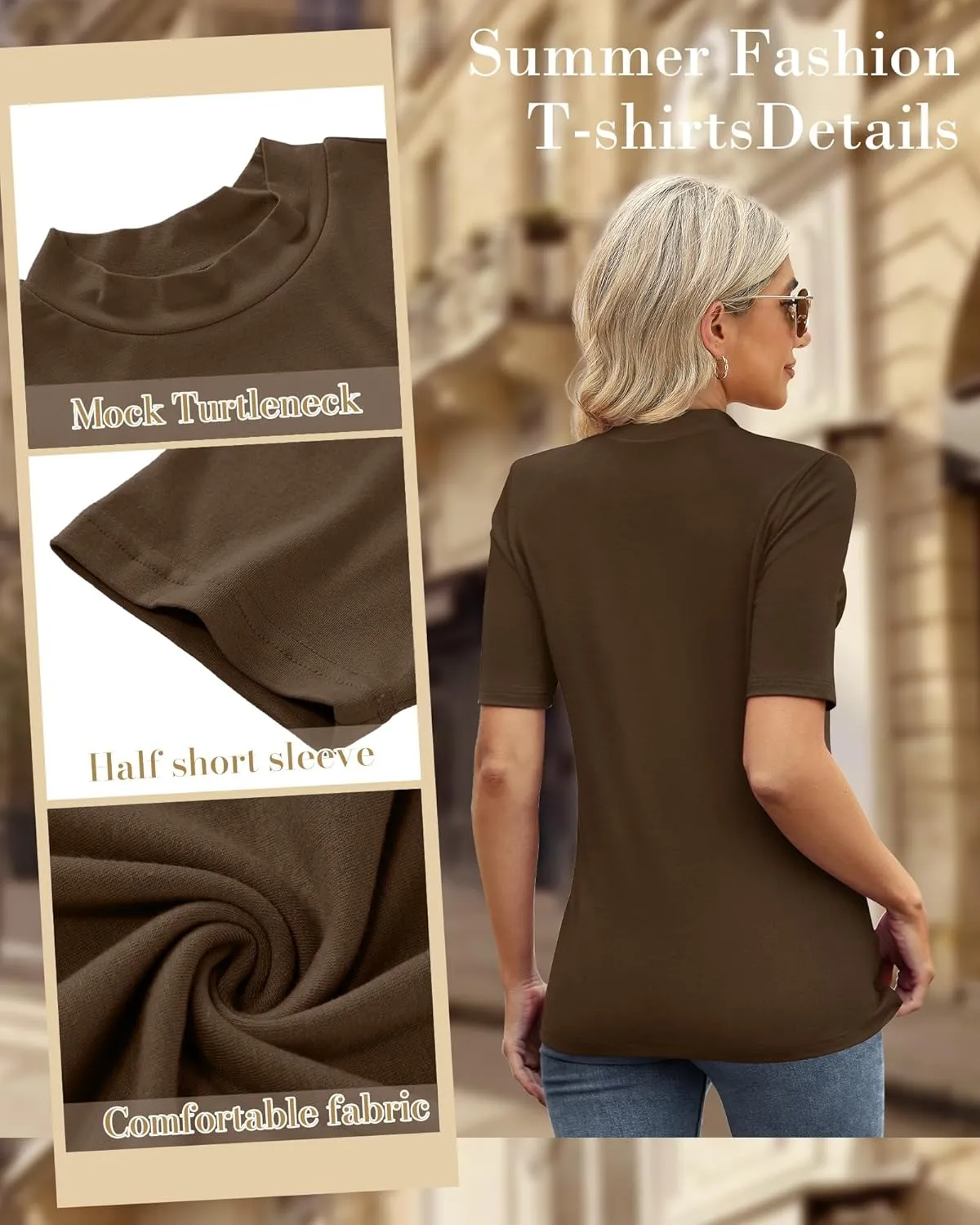 Ficerd 2 Pack Women's Mock Turtleneck T Shirts, Half Sleeve Business Casual Tunic Tops Slim Fit Summer Basic Dressy Tee Shirt