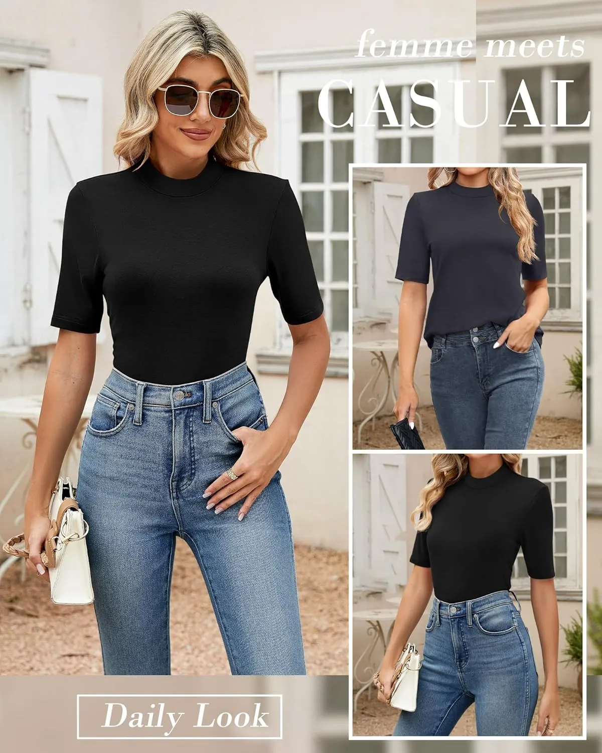Ficerd 2 Pack Women's Mock Turtleneck T Shirts, Half Sleeve Business Casual Tunic Tops Slim Fit Summer Basic Dressy Tee Shirt