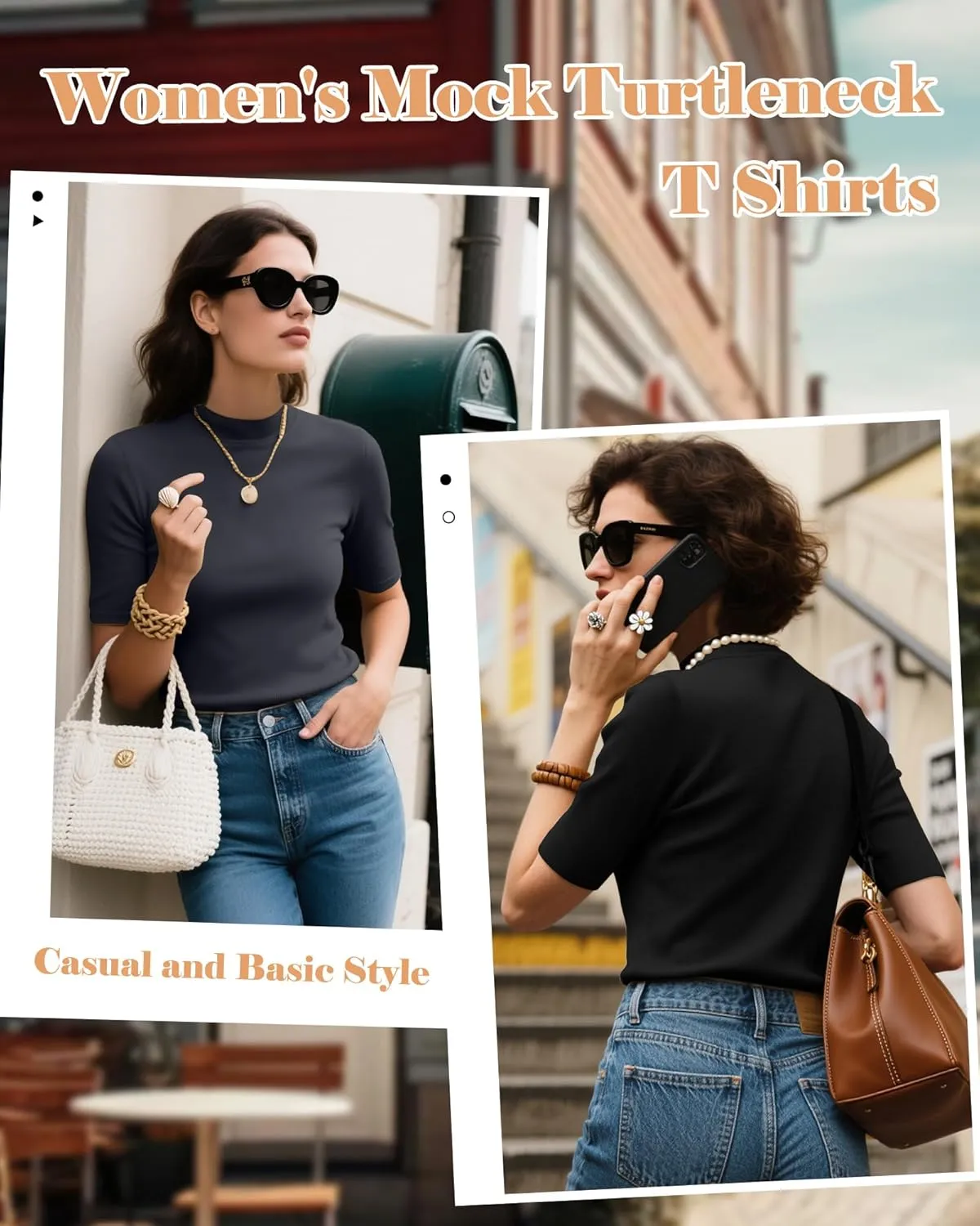 Ficerd 2 Pack Women's Mock Turtleneck T Shirts, Half Sleeve Business Casual Tunic Tops Slim Fit Summer Basic Dressy Tee Shirt