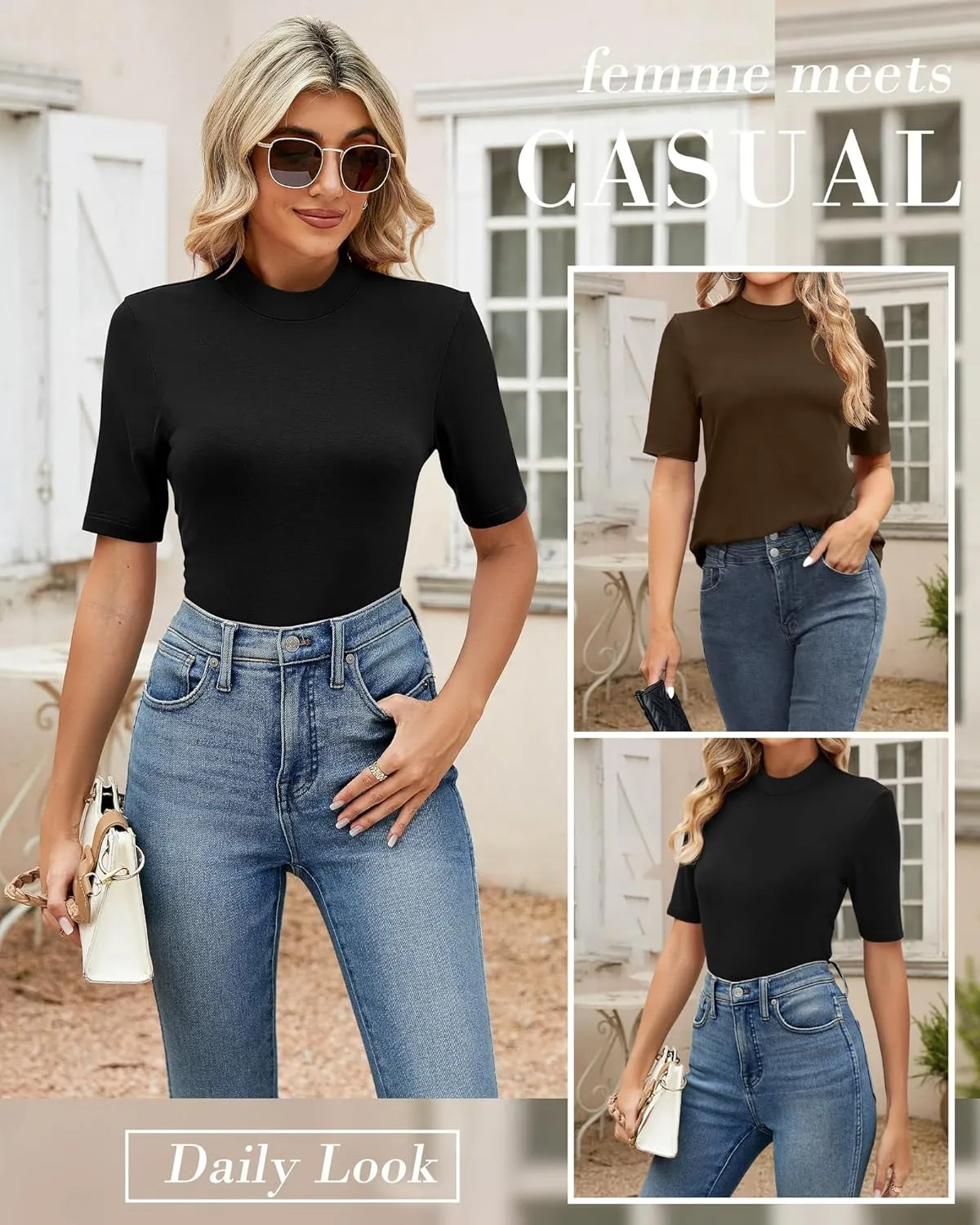 Ficerd 2 Pack Women's Mock Turtleneck T Shirts, Half Sleeve Business Casual Tunic Tops Slim Fit Summer Basic Dressy Tee Shirt