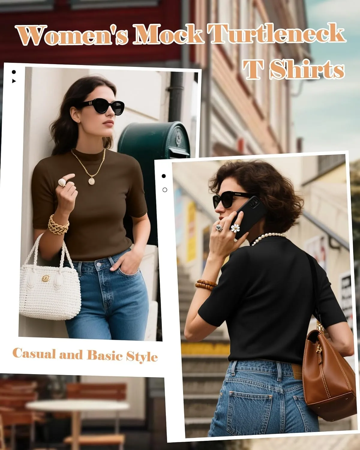 Ficerd 2 Pack Women's Mock Turtleneck T Shirts, Half Sleeve Business Casual Tunic Tops Slim Fit Summer Basic Dressy Tee Shirt