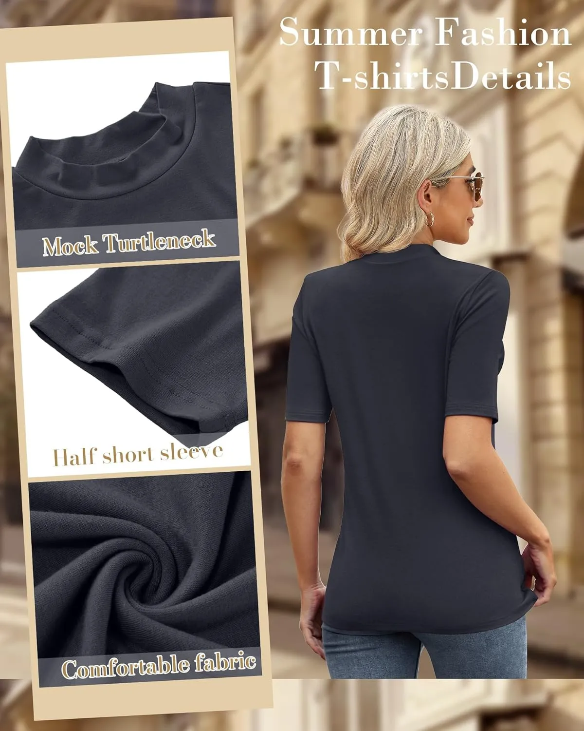 Ficerd 2 Pack Women's Mock Turtleneck T Shirts, Half Sleeve Business Casual Tunic Tops Slim Fit Summer Basic Dressy Tee Shirt