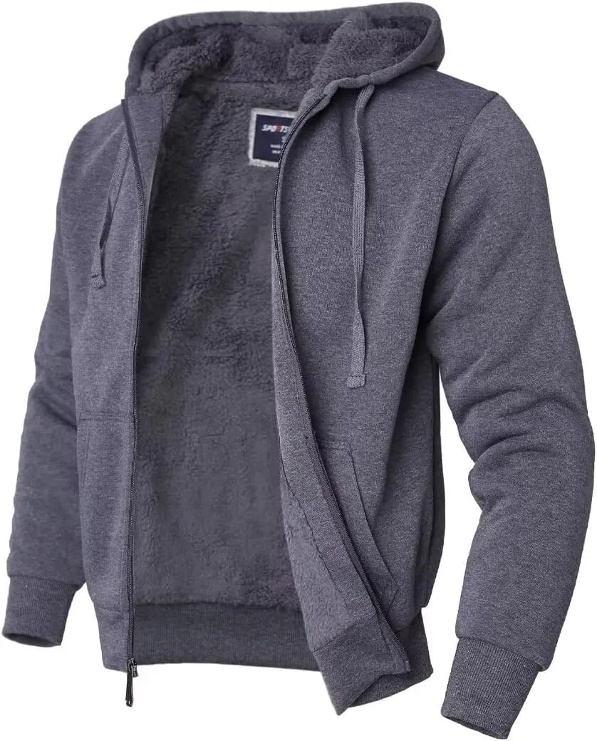 Heavyweight Sherpa Mens Zip Up Hoodie Thick Fleece Full-Zip Winter Hooded Jacket Fashion Pullover Sweatshirt