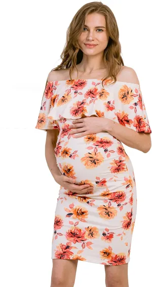 Hello MIZ Women's Floral Ruffle Off Shoulder Maternity Dress - Made in USA