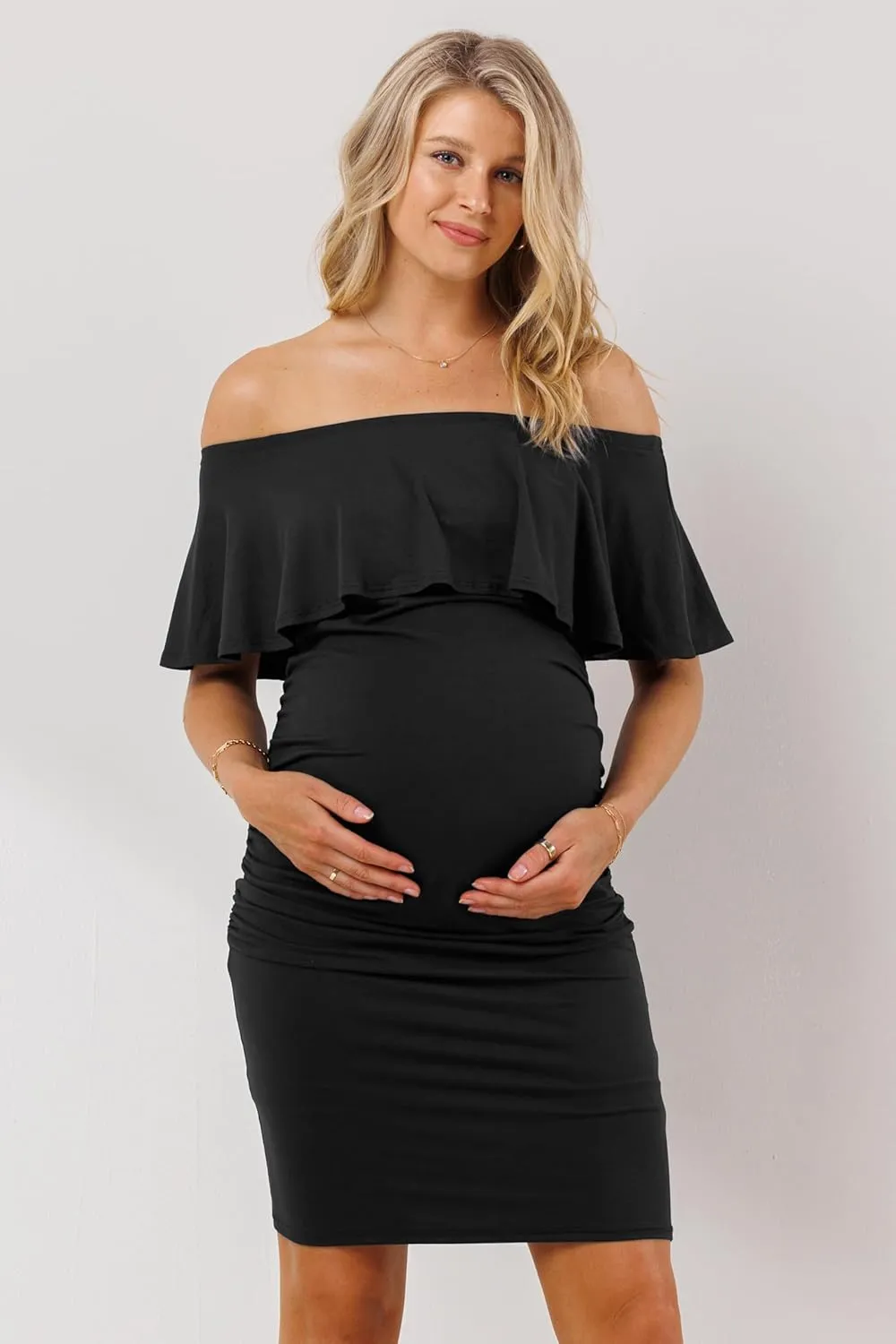 Hello MIZ Women's Floral Ruffle Off Shoulder Maternity Dress - Made in USA