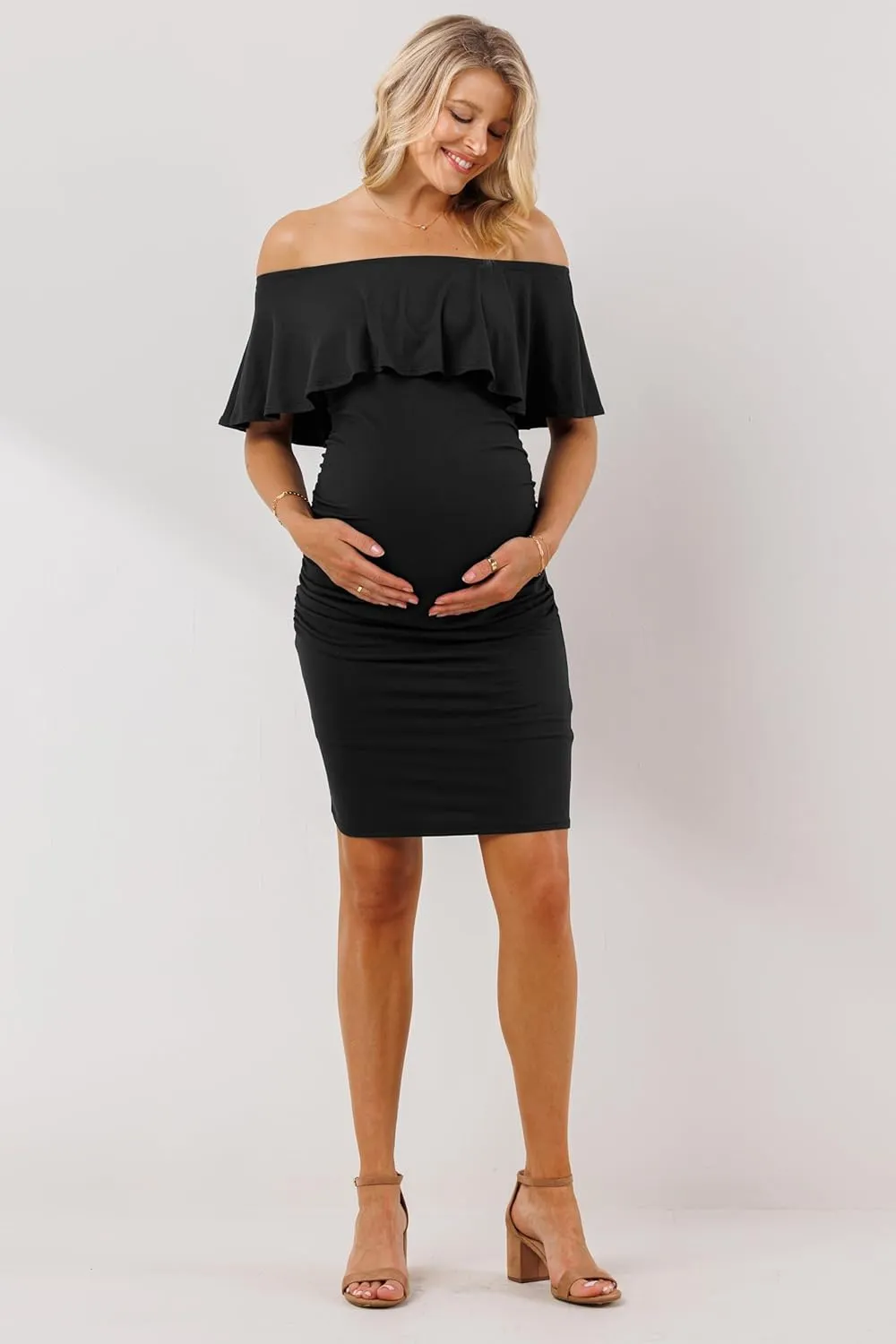 Hello MIZ Women's Floral Ruffle Off Shoulder Maternity Dress - Made in USA