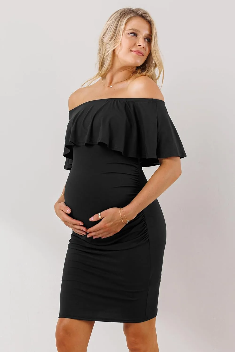 Hello MIZ Women's Floral Ruffle Off Shoulder Maternity Dress - Made in USA