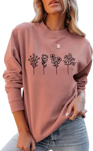 JBF Cloth Flower Sweatshirt Womens 80s Vintage Minimalistic Floral Printed Long Sleeves Sweatshirt Pullovers Tops