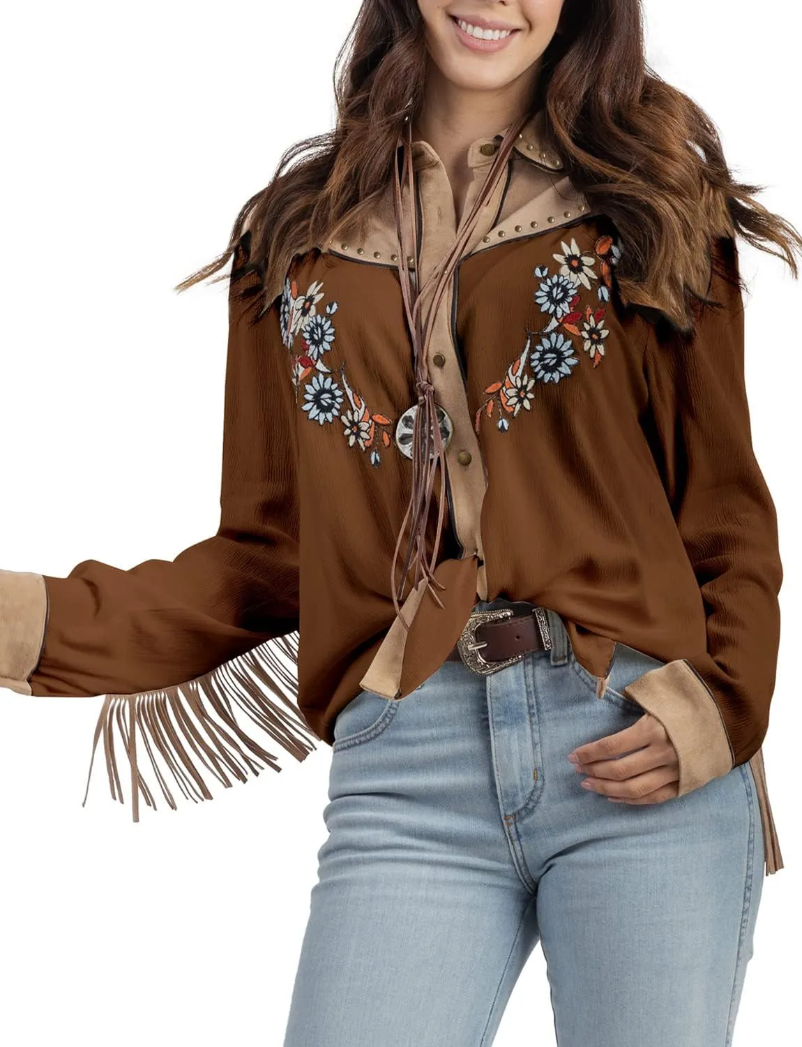 JOHN MOON Women's Embroidered Western Long Sleeve Buttons Down Shirts Collared Retro Casual Blouses Shirts