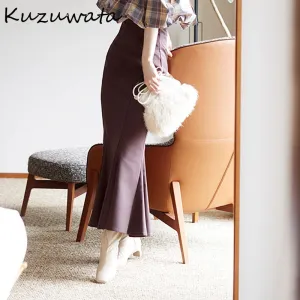Joskaa Christmas Gift Kuzuwata 2024 Autumn New Faldas Japan Style Temperament Sweet Jupes Solid High Waist Folds Slim Mid Calf Mermaid Women Skirts