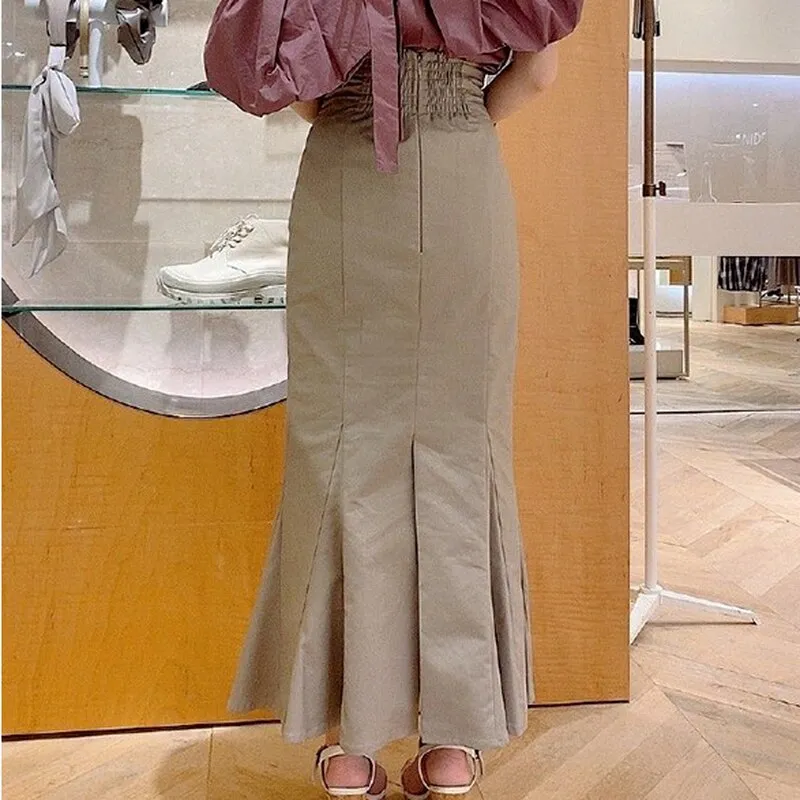 Joskaa Christmas Gift Kuzuwata 2024 Autumn New Faldas Japan Style Temperament Sweet Jupes Solid High Waist Folds Slim Mid Calf Mermaid Women Skirts