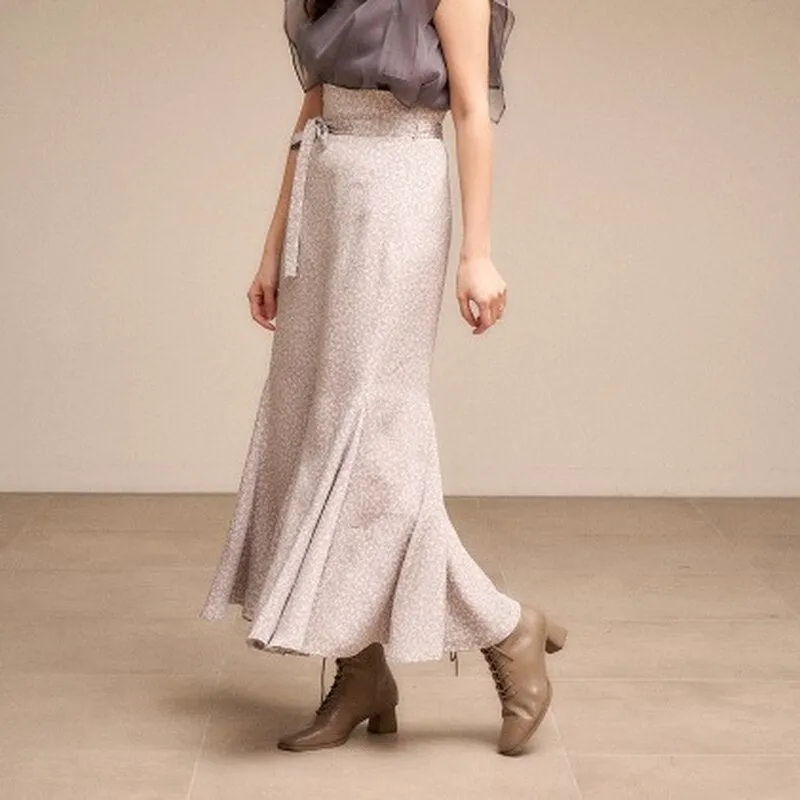 Joskaa Christmas Gift Kuzuwata 2024 Autumn Women Skirts Temperament Vintage Faldas A Line Print Ruffle High Waist Sashes Mid Length Mermaid Jupes