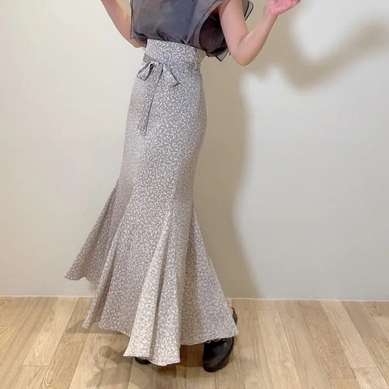 Joskaa Christmas Gift Kuzuwata 2024 Autumn Women Skirts Temperament Vintage Faldas A Line Print Ruffle High Waist Sashes Mid Length Mermaid Jupes