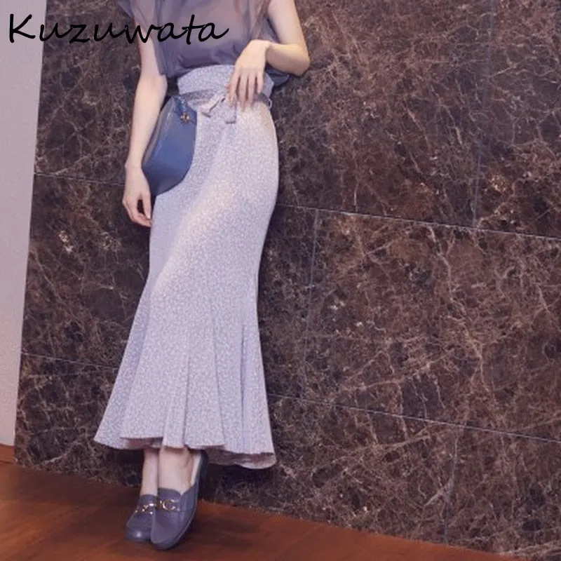 Joskaa Christmas Gift Kuzuwata 2024 Autumn Women Skirts Temperament Vintage Faldas A Line Print Ruffle High Waist Sashes Mid Length Mermaid Jupes