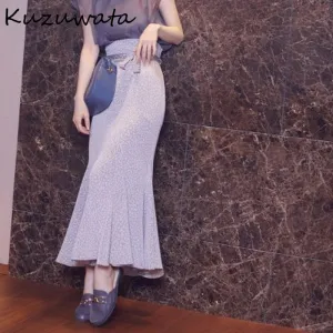 Joskaa Christmas Gift Kuzuwata 2024 Autumn Women Skirts Temperament Vintage Faldas A Line Print Ruffle High Waist Sashes Mid Length Mermaid Jupes