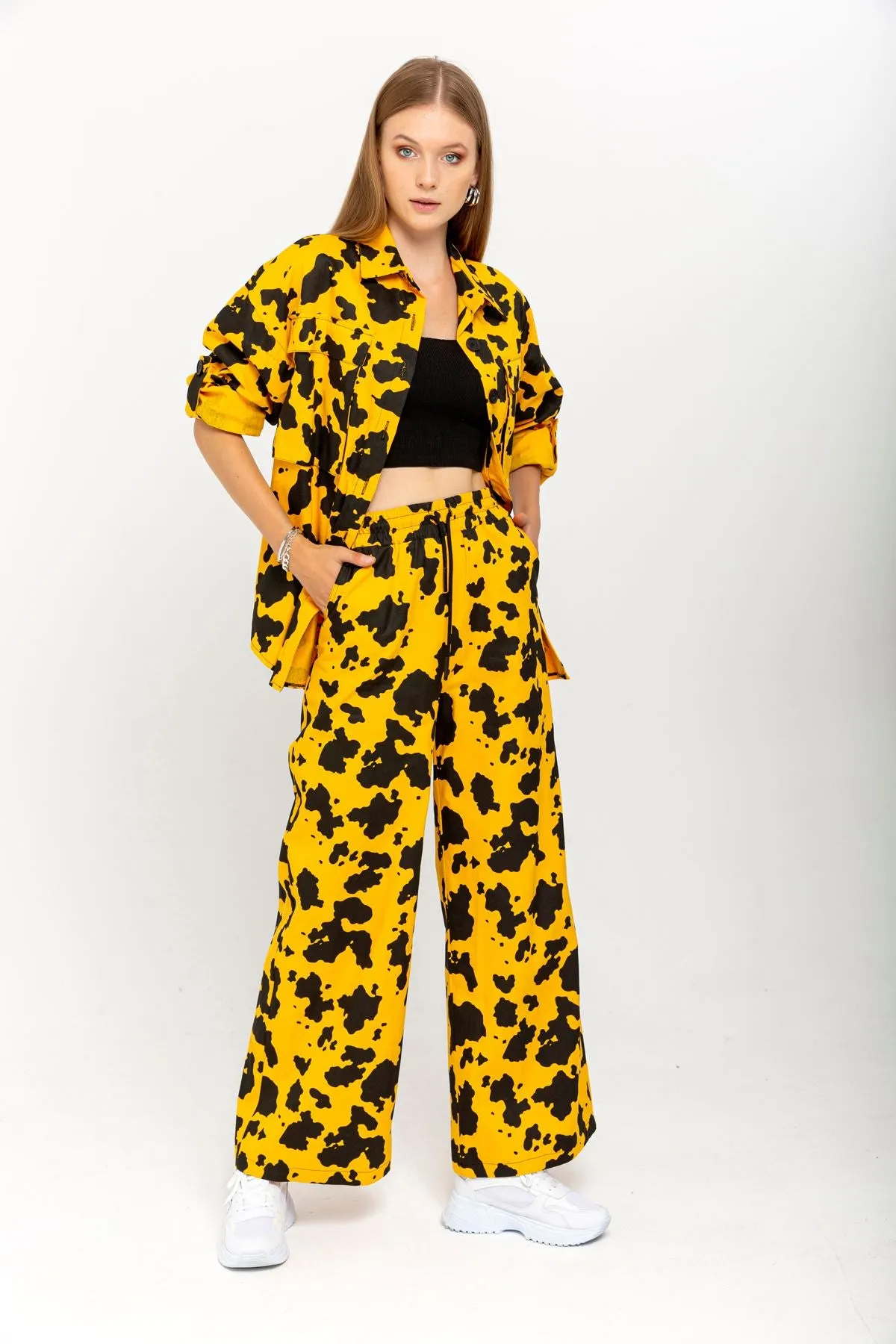 KKT Gabardine Fabric Loose Calf Patterned Women's Yellow Trousers - Walsall