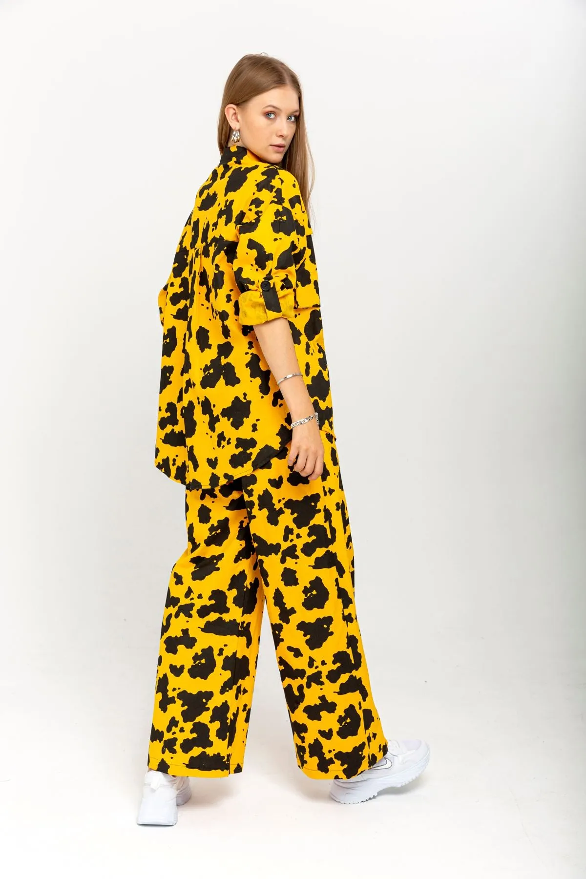 KKT Gabardine Fabric Loose Calf Patterned Women's Yellow Trousers - Walsall