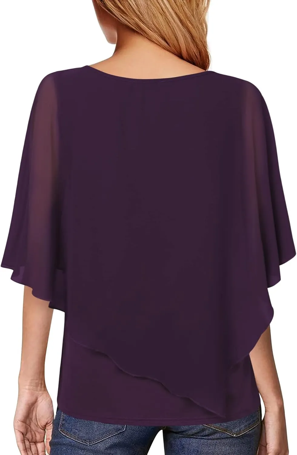 Lotusmile Women's Lightweight Flowy Shirt Double-Layered Printed Chiffon Poncho Blouse Top