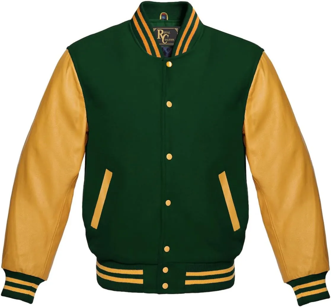 Man's Varsity Letterman Wool & Gold Tewelve Colour Genuine Leather Sleeves Bomber Style Baseball Jacket