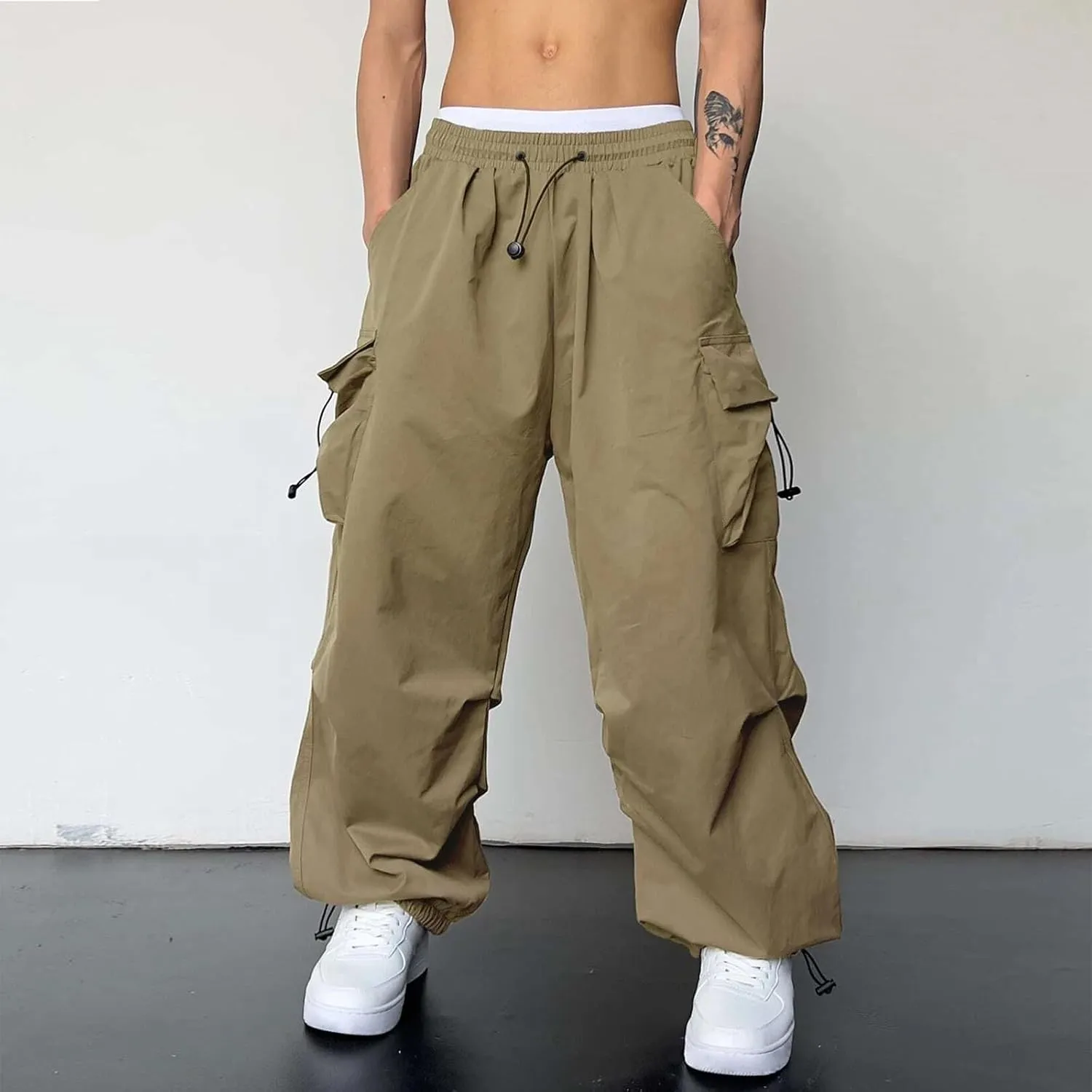 Men's Baggy Cargo Pants,Work Parachute Cargo Pants Y2k Casual Hip Hop Harem Pants with Pockets Sports Running Streewear