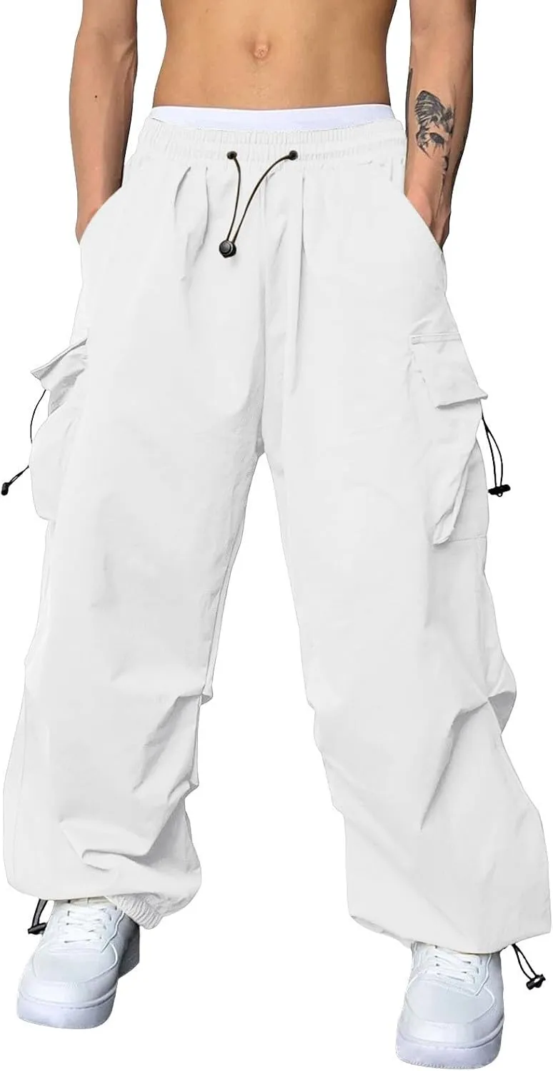 Men's Baggy Cargo Pants,Work Parachute Cargo Pants Y2k Casual Hip Hop Harem Pants with Pockets Sports Running Streewear